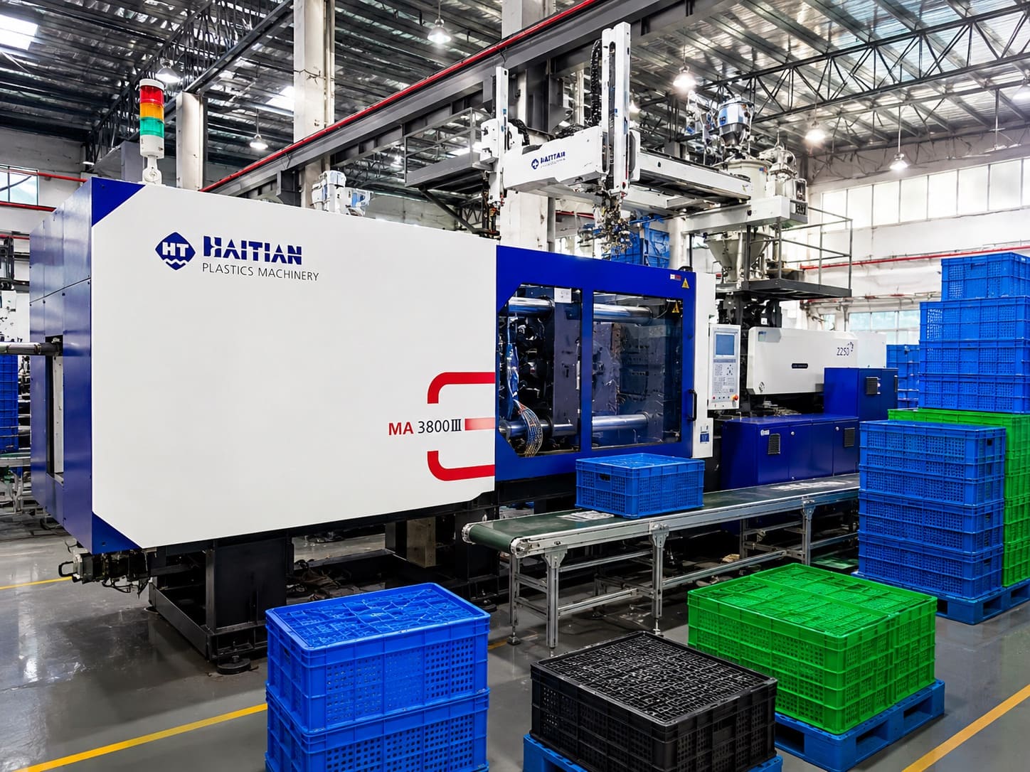 Injection molding production cell with conveyor, robot and molded crates used for turnkey acceptance planning