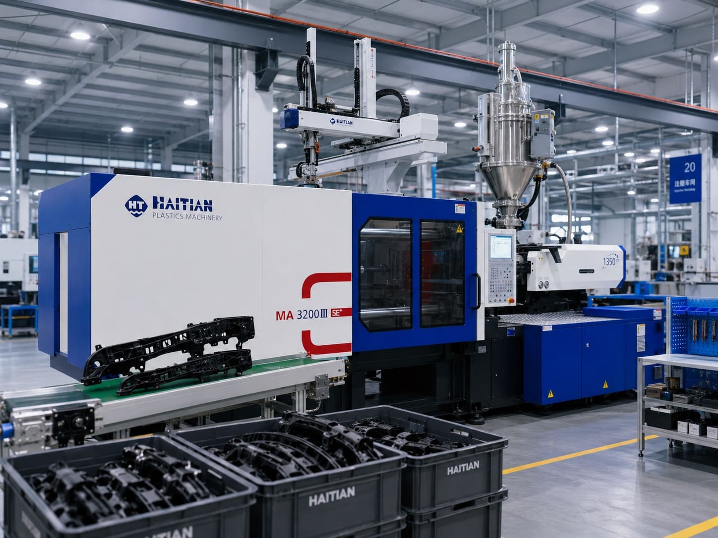 Injection molding production cell with machine, robot and material equipment used for project brief review